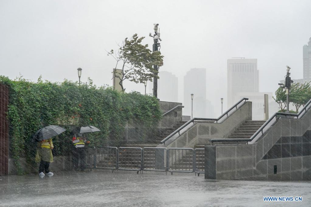 The Bund is shut down temporarily in east China's Shanghai, July 25, 2021. Typhoon In-Fa, which made landfall in east China's Zhejiang Province at around Sunday noon, will make another landfall in coastal areas from Pinghu in Zhejiang Province to Pudong in Shanghai, according to the National Meteorological Center. (Xinhua/Wang Xiang)