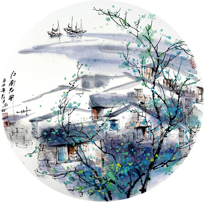烟雨遥碧波莹赏画家曹尚松江南水乡系列作品