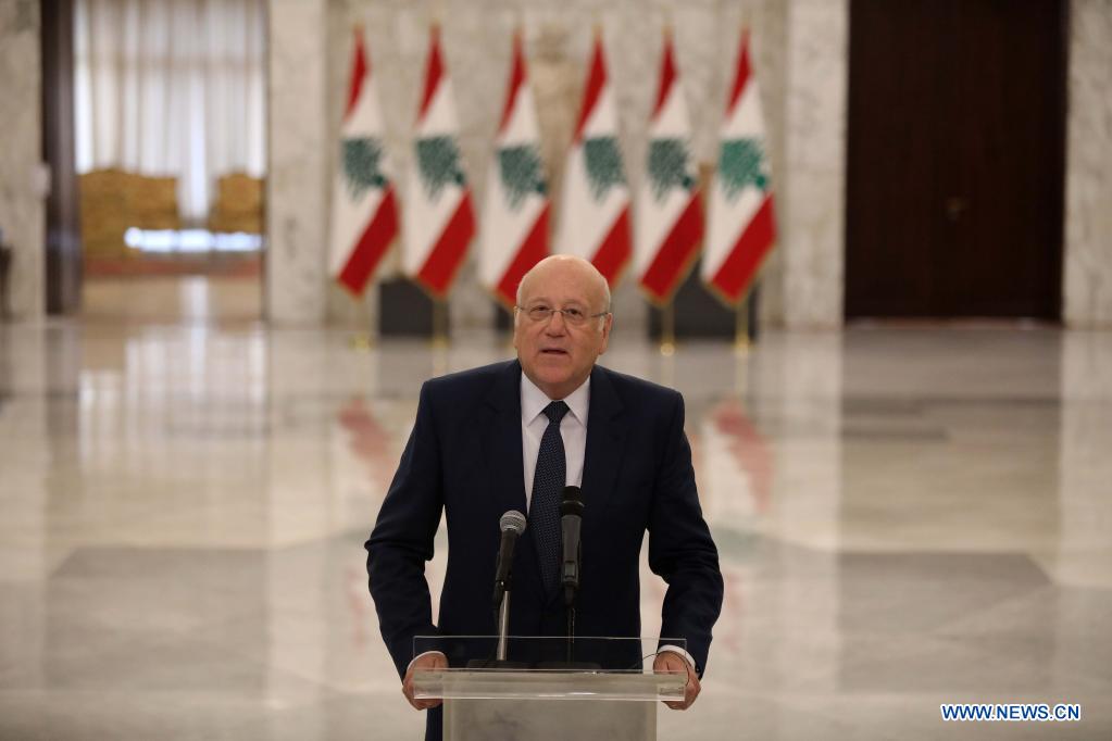 Najib Mikati gives a speech following his appointment at Baabda Palace near Beirut, Lebanon, on July 26, 2021. Newly appointed Lebanese Prime Minister Najib Mikati vowed on Monday to quickly form a cabinet capable of implementing structural reforms based on the French initiative in cooperation with the civil society, Annahar local newspaper reported. (Xinhua/Bilal Jawich)