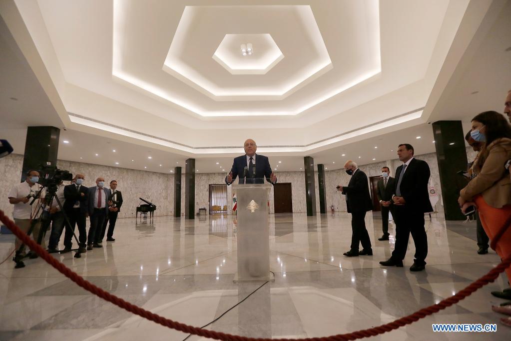 Najib Mikati (C) gives a speech following his appointment at Baabda Palace near Beirut, Lebanon, on July 26, 2021. Newly appointed Lebanese Prime Minister Najib Mikati vowed on Monday to quickly form a cabinet capable of implementing structural reforms based on the French initiative in cooperation with the civil society, Annahar local newspaper reported. (Xinhua/Bilal Jawich)