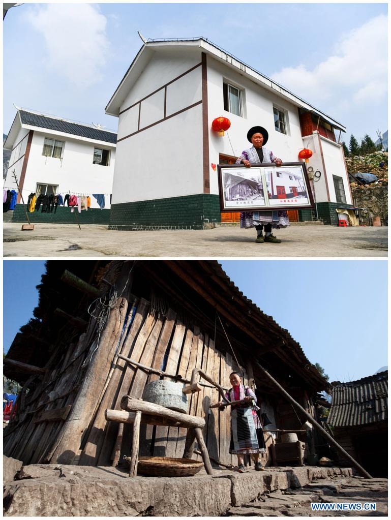 In this combo photo, the upper part taken by Xinhua reporter Yang Wenbin on Feb. 20, 2021 shows villager Wang Xiangping in front of her new residence in a relocation site for poverty alleviation; the lower part taken by Shi Kaixin on Dec. 29, 2008 shows Wang Xiangping grinding corns in front of her old residence, at Huawu Village in Xinren Miao Township, Qianxi City, southwest China's Guizhou Province. Huawu Village, although boasting unique ethnic Miao culture and splendid mountain views with vast water bodies, once had a poverty headcount ratio as high as 63.6 percent. Taking advantage of the rich cultural and natural heritage, the local government initiated a scenic area project as a targeted measure to shake off poverty to boost tourism by constructing a 