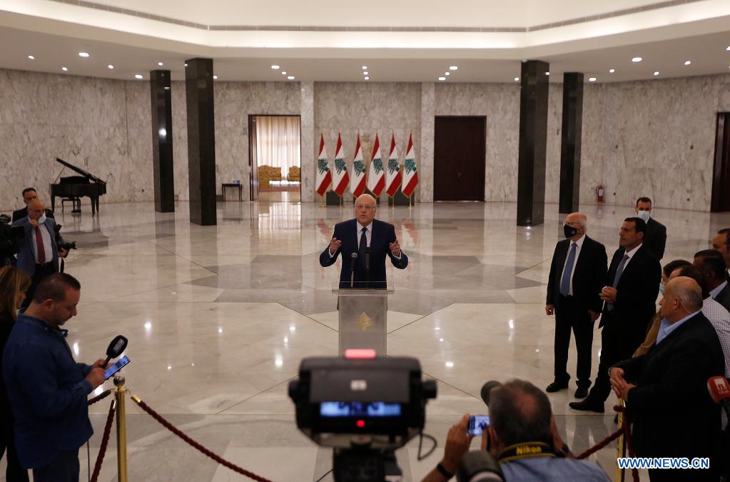 Najib Mikati (C) gives a speech following his appointment at Baabda Palace near Beirut, Lebanon, on July 26, 2021. Newly appointed Lebanese Prime Minister Najib Mikati vowed on Monday to quickly form a cabinet capable of implementing structural reforms based on the French initiative in cooperation with the civil society, Annahar local newspaper reported. (Xinhua/Bilal Jawich)