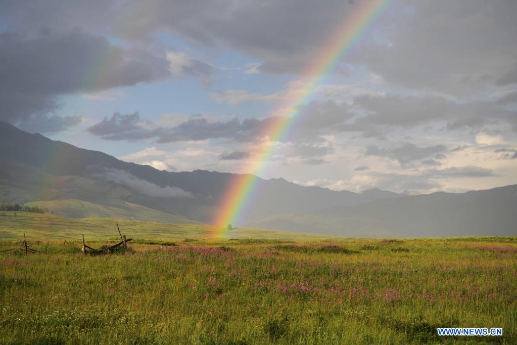 Photo taken on July 24, 2021 shows a rainbow in the sky in Hemu Village of Kanas in Altay, northwest China's Xinjiang Uygur Autonomous Region. The Kanas scenic area, which is at the height of the tourist season, received over 6.2 million tourists from May 1 to July 27, according to the local authority. (Xinhua/Sadat)