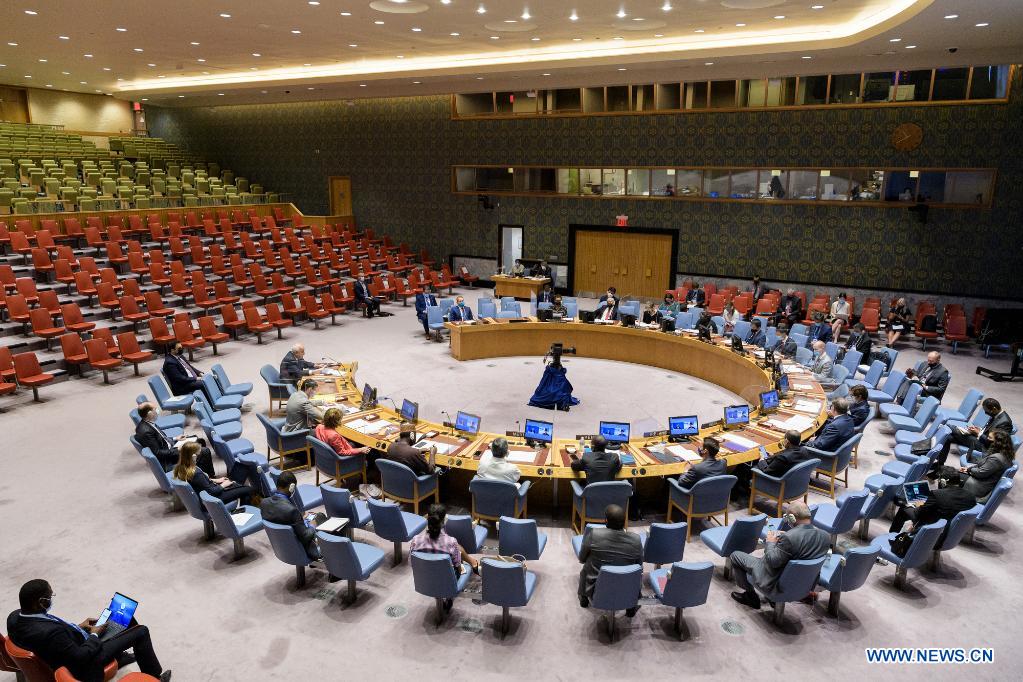 Photo taken on July 28, 2021 shows a United Nations Security Council meeting on the situation in the Middle East, including the Palestinian question, at the UN headquarters in New York. The United Nations on Wednesday called for a political solution to end the conflict between Israelis and Palestinians, although the international community is providing urgent assistance to Gaza in the wake of the most recent round of hostilities. (Manuel Elias/UN Photo/Handout via Xinhua)