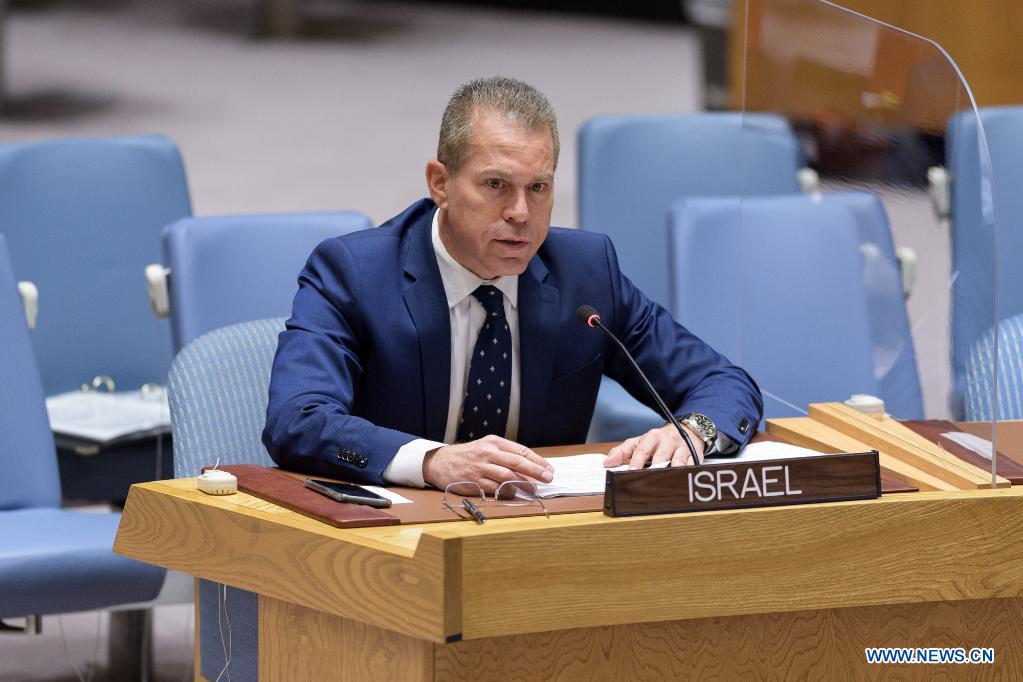 Israeli Ambassador to the United Nations Gilad Erdan addresses a UN Security Council meeting on the situation in the Middle East, including the Palestinian question, at the UN headquarters in New York, on July 28, 2021. The United Nations on Wednesday called for a political solution to end the conflict between Israelis and Palestinians, although the international community is providing urgent assistance to Gaza in the wake of the most recent round of hostilities. (Manuel Elias/UN Photo/Handout via Xinhua)