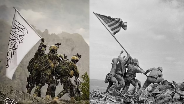 左图为塔利班士兵拍摄的宣传照片，右边为美军在折钵山上升起美国国旗