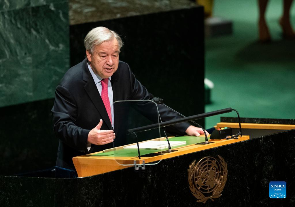 United Nations Secretary-General Antonio Guterres addresses the UN General Assembly at the UN headquarters in New York, on Sept. 21, 2021. Guterres on Tuesday urged the international community to solve pressing issues as the world is in the throes of a still raging COVID-19 pandemic. (Xinhua/Wang Ying)