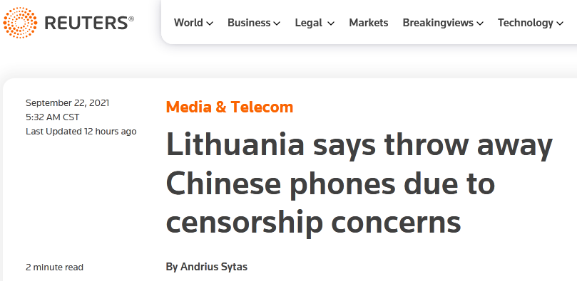 路透社报道截图：立陶宛称因担心审查制度而扔掉中国手机