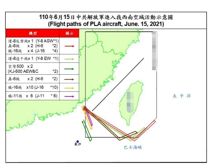 图为台防务部门6月15日发布的大陆战机巡航的路线图。