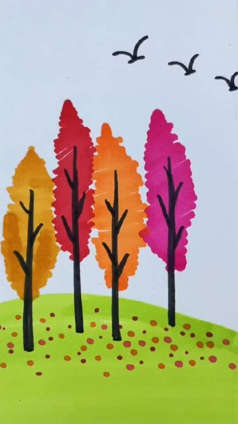 超简单的秋天树林简笔画简笔画画画马克笔