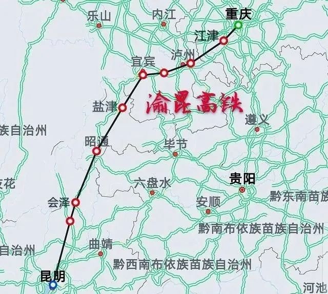 渝昆高铁按350千米/小时标准设计和建设,线路从重庆枢纽重庆西站引出