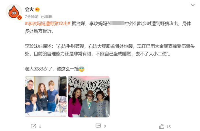 83岁李玟妈妈遭野猪攻击！身体多处骨头裂开受伤，不能自理上厕所