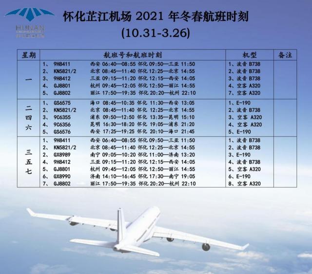 1038最新怀化芷江机场发布2021年冬春季航班时刻表