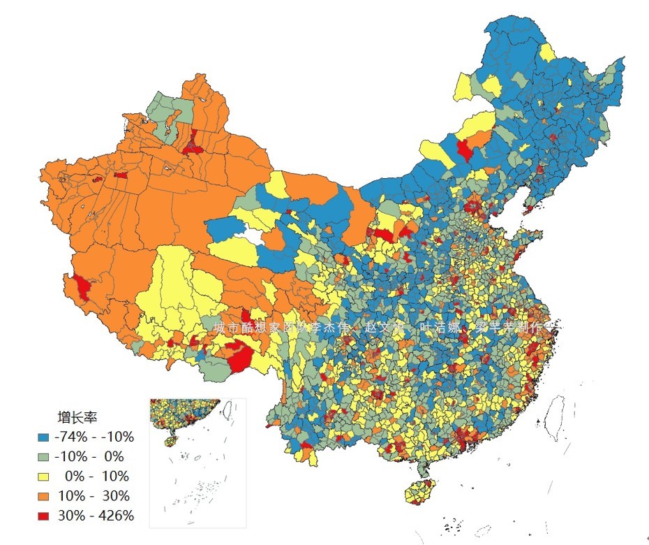2020年中国标准地图,2020年中国最新地图 图4 2010-2020年各区县人口变化率