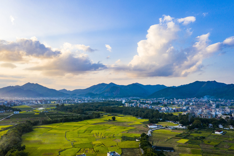 △2021年11月6日，广西梧州岑溪市归义镇，民居、田园与绿水青山相映成趣，构成一幅美丽乡村画卷。