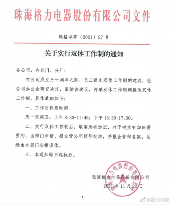 董明珠“不让加班”了!格力官宣:实行双休,取消“大小周”!休闲区蓝鸢梦想 - Www.slyday.coM 董明珠“不让加班”了!格力官宣:实行双休,取消“大小周”!休闲区蓝鸢梦想 - Www.slyday.coM