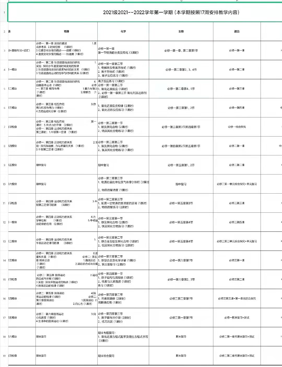 ▲桓台一中相关教学安排表。图/新京报资料图