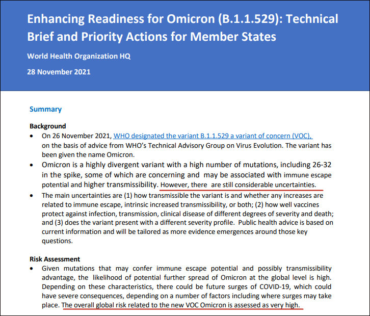 世卫组织技术简报：“奥密克戎”的全球总体风险被评估为“非常高”