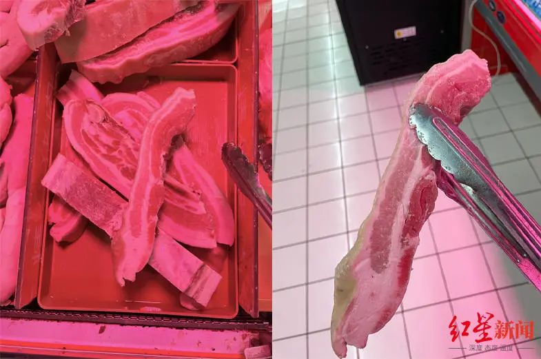 家乐福超市内,记者对肉品进行了对比,无红色灯照射的肉品颜色要白许多。