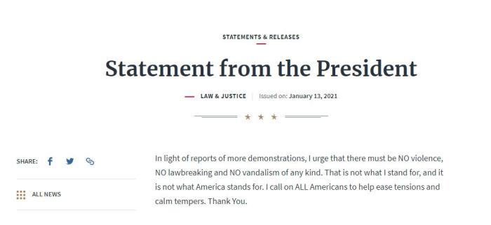 特朗普当地时间13日通过白宫网站发表的声明。