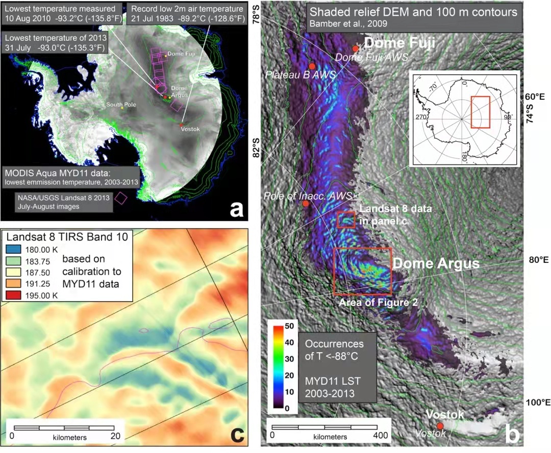 Landsat观测到的南极地面气温分布，昆仑站地面气温低至-93℃。