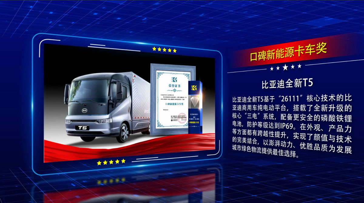 比亚迪全新t5荣获"年轻人喜爱的口碑新能源卡车奖"