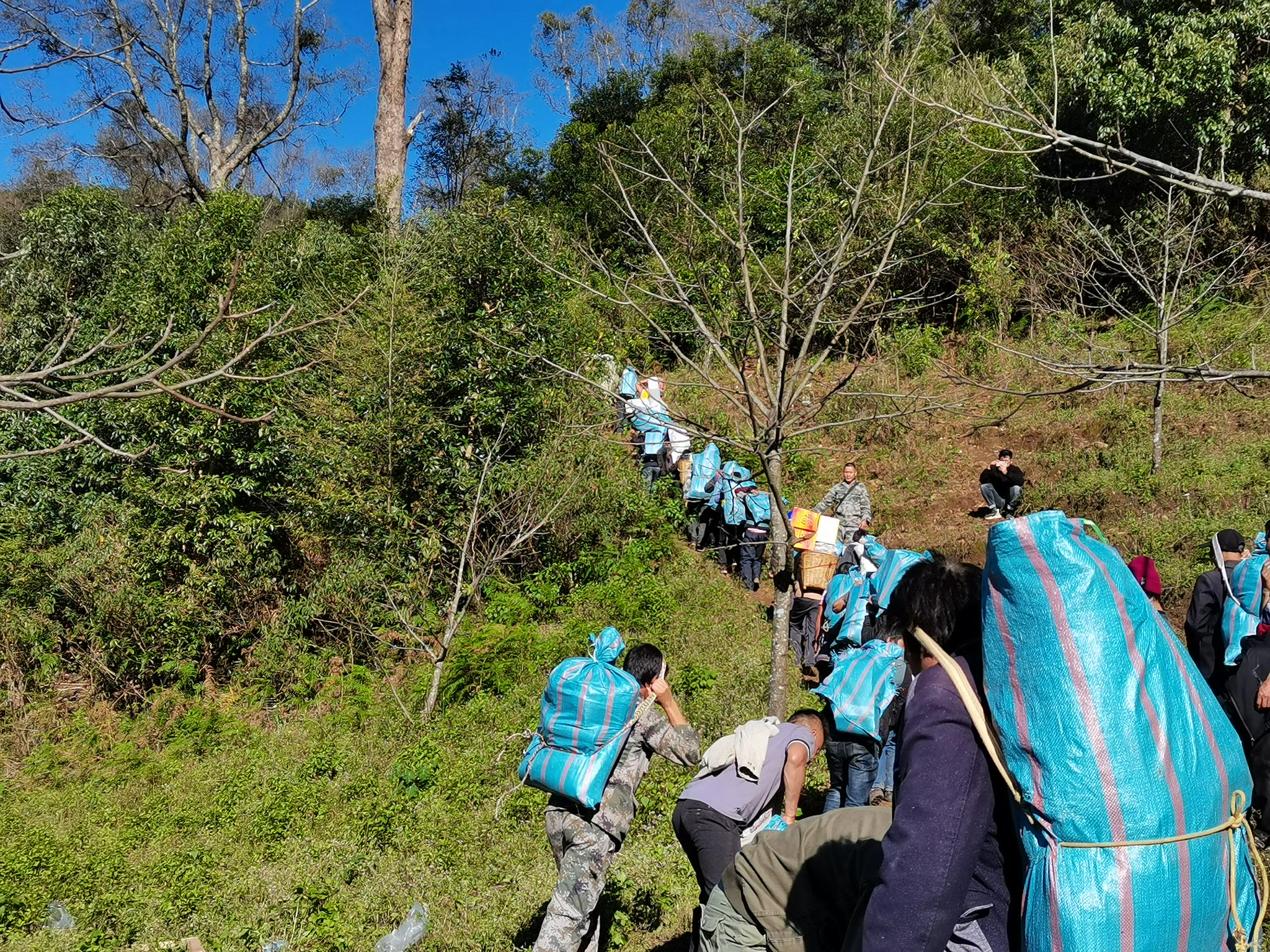 11月21日，政府组织当地村民背物资进山到补给点。图源镇沅县委宣传部
