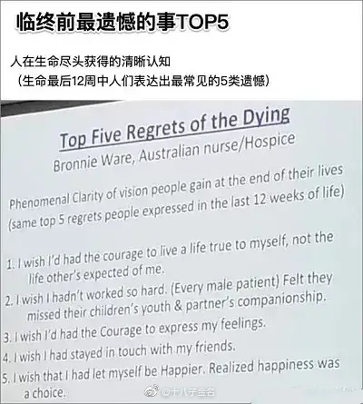 澳洲作家Bronnie Ware在做了几年的临终关怀工作之后……