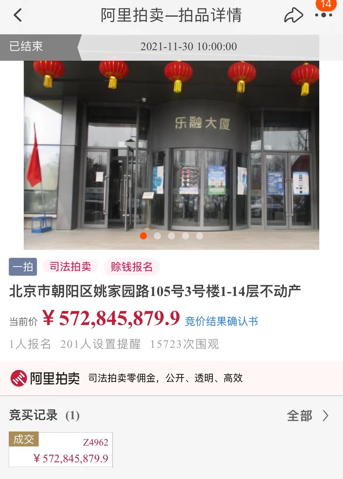乐视大厦被拍卖,以5.73亿元成交