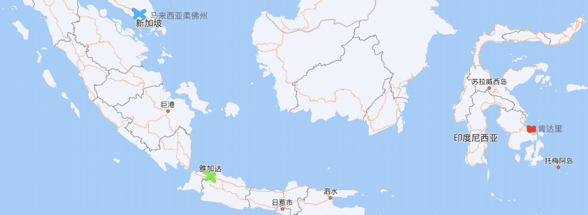 “海洋东南亚”地形示意图，蓝点处为马来西亚柔佛州大约位置，红点处为印尼肯达里大约位置，绿点处为印尼雅加达。