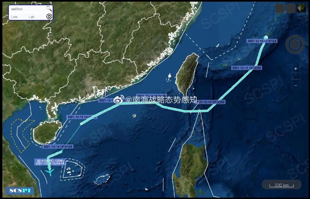 南海战略态势感知发布的美军机14日抵近南海侦察的航线图