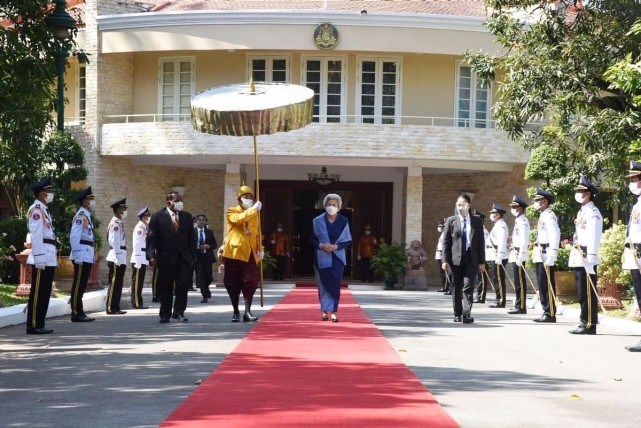 柬埔寨国王母子共同接待越南主席85岁太后穿蓝裙好美，白发也优雅