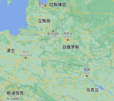 白俄罗斯位于立陶宛与乌克兰中间，谷歌地图截图