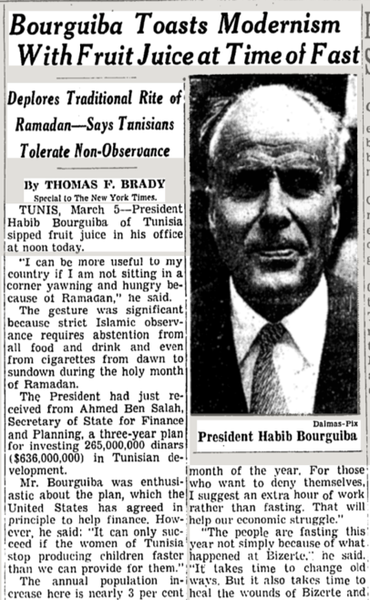 1962年3月6日的《纽约时报》，标题为《布尔吉巴在斋月禁食时用果汁为现代主义干杯》。