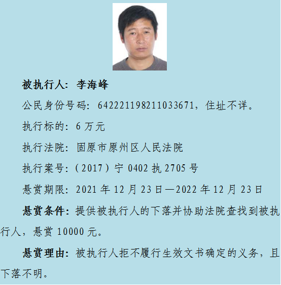 【扩散】原州区法院最高悬赏一万元,寻找10名失信被执行人下落休闲区蓝鸢梦想 - Www.slyday.coM 【扩散】原州区法院最高悬赏一万元,寻找10名失信被执行人下落休闲区蓝鸢梦想 - Www.slyday.coM