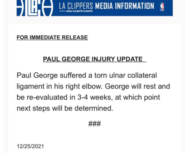 快船官宣坏消息！乔治右肘韧带撕裂，医学专家：若手术需伤停一年