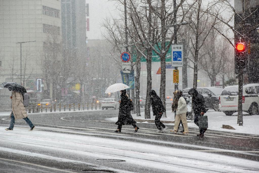  12月18日，在韩国首尔，行人在雪中过马路。新华社记者王益亮摄