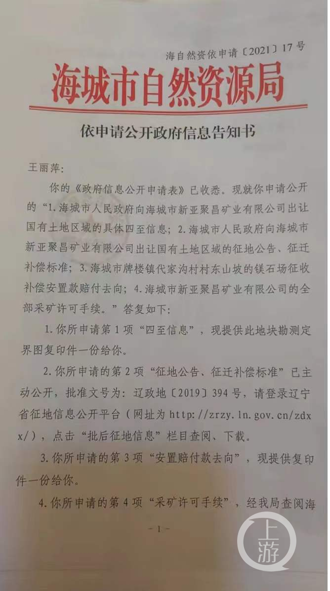 王丽萍申请政府信息公开，得到答复称新亚公司无采矿权。图片来源/受访者供图