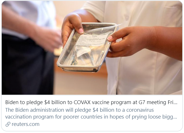 拜登答应向环球新冠疫苗设计(COVAX)拨款40亿美元。/路透社报道截图