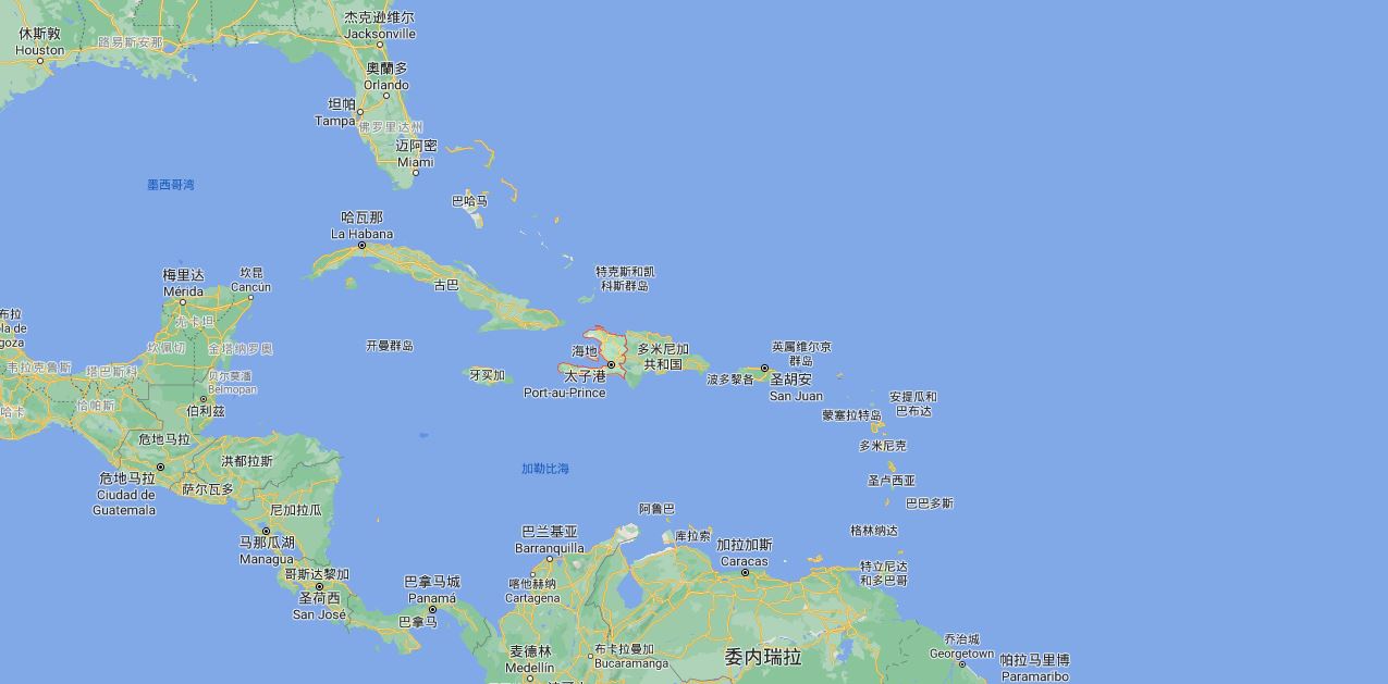 海地与多米尼加同处一岛,临近美国佛罗里达州谷歌地图
