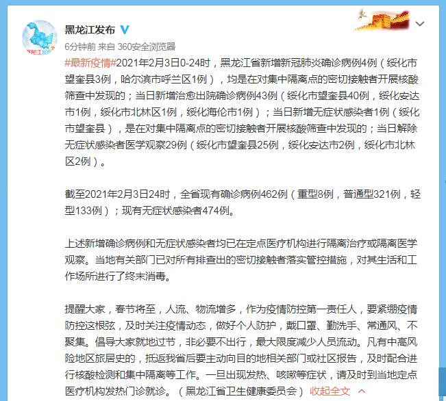黑龙江2月3日新确诊新发冠心病4例，无症状感染1例 i化财经新闻