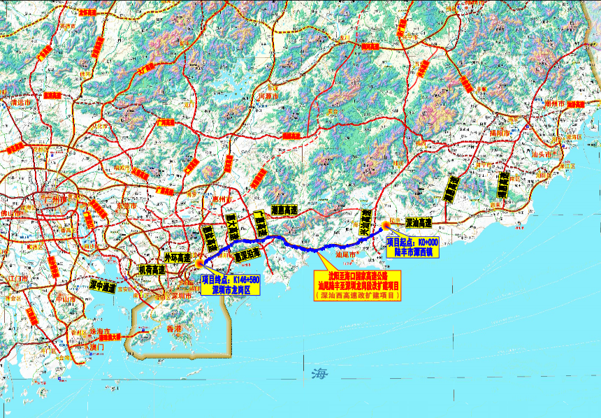 深汕西高速改扩建潭西至鹅埠段线路示意图