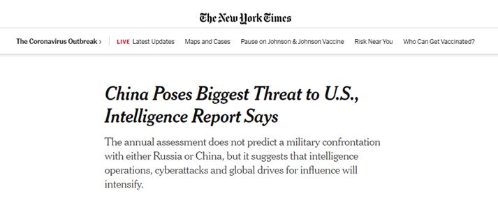 美情报报告又恶炒中国是“最大威胁”,称中国日益成为“近乎旗鼓相当的竞争对手”休闲区蓝鸢梦想 - Www.slyday.coM 美情报报告又恶炒中国是“最大威胁”,称中国日益成为“近乎旗鼓相当的竞争对手”休闲区蓝鸢梦想 - Www.slyday.coM