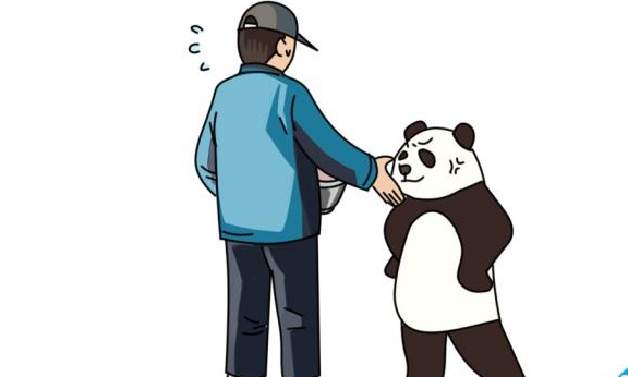 饲养员前来喂食一只大熊猫双手叉腰拦住去路迟到了你知道吗