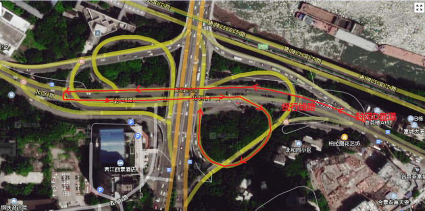 D匝道封闭施工卫星图示，图中红色为绕行线路 图：重庆交巡警