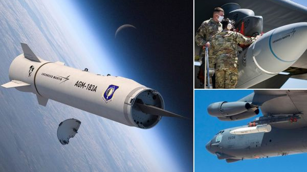 右图为B-52“同温层堡垒”轰炸机挂载AGM-183A空射快速反应武器。左图为AGM-183A空射快速反应武器抛弃整流罩,助推器与滑翔飞行器即将分离瞬间。(英国《每日邮报》网站)
