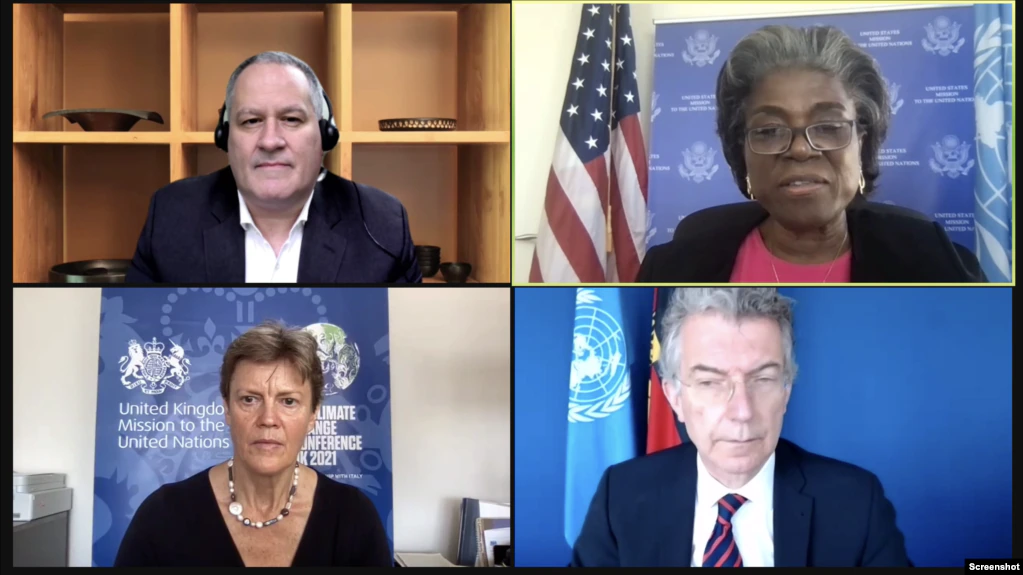 美国、英国和德国常驻联合国代表5月12日在涉疆视频会议上发言（Zoom视频会议截图）