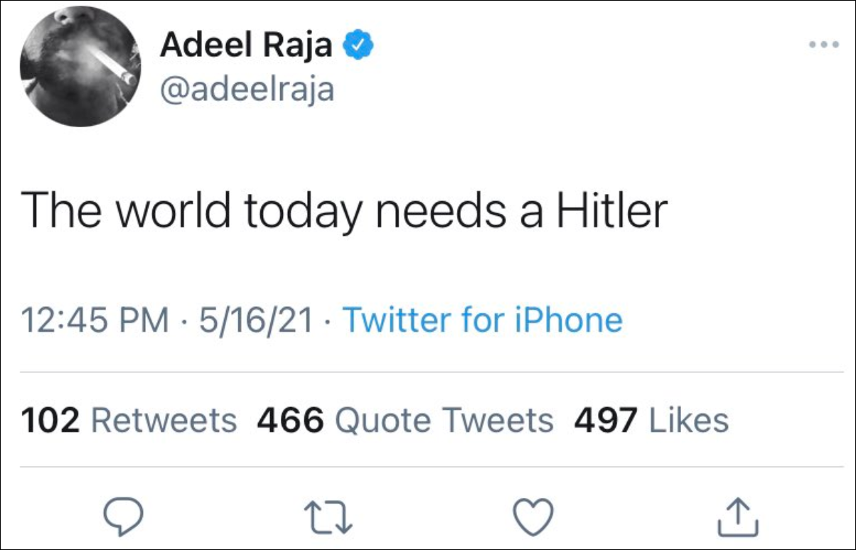 点燃导火线的拉贾的推文虽然很快便被删除，但依然没有快过广大网民截图的手速，而拉贾的这一说法，也仅是其众多鼓吹希特勒言论的“冰山一角”。