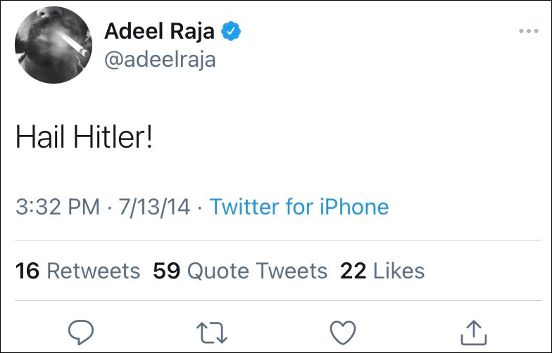 尽管拉贾删除了16日有关希特勒的言论，不少愤怒的网民依然拿着推文截图质问他，“这是你发的吗？”“你为何要这样说？”