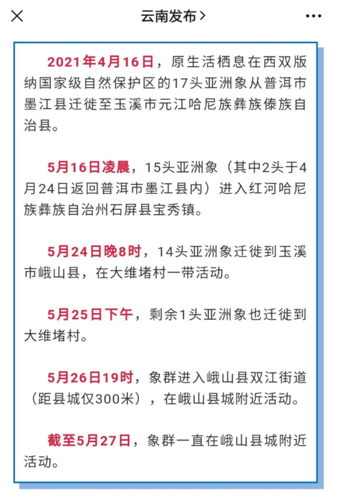 象群行进轨迹。图源“云南发布”
